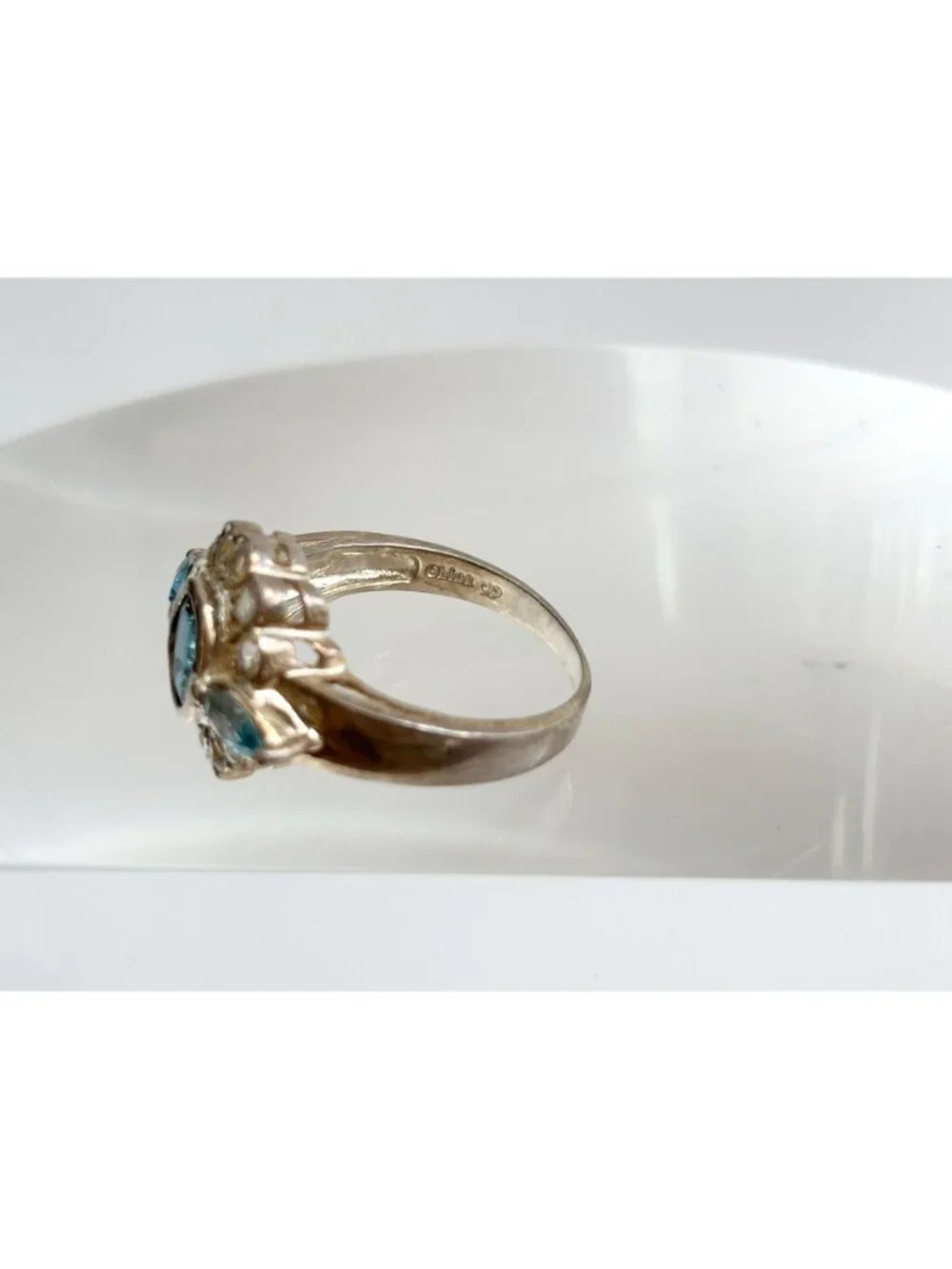 Clear & Blue Topaz Scalloped Gemstone Sterling Silver 925 Vintage Ring - sz 9